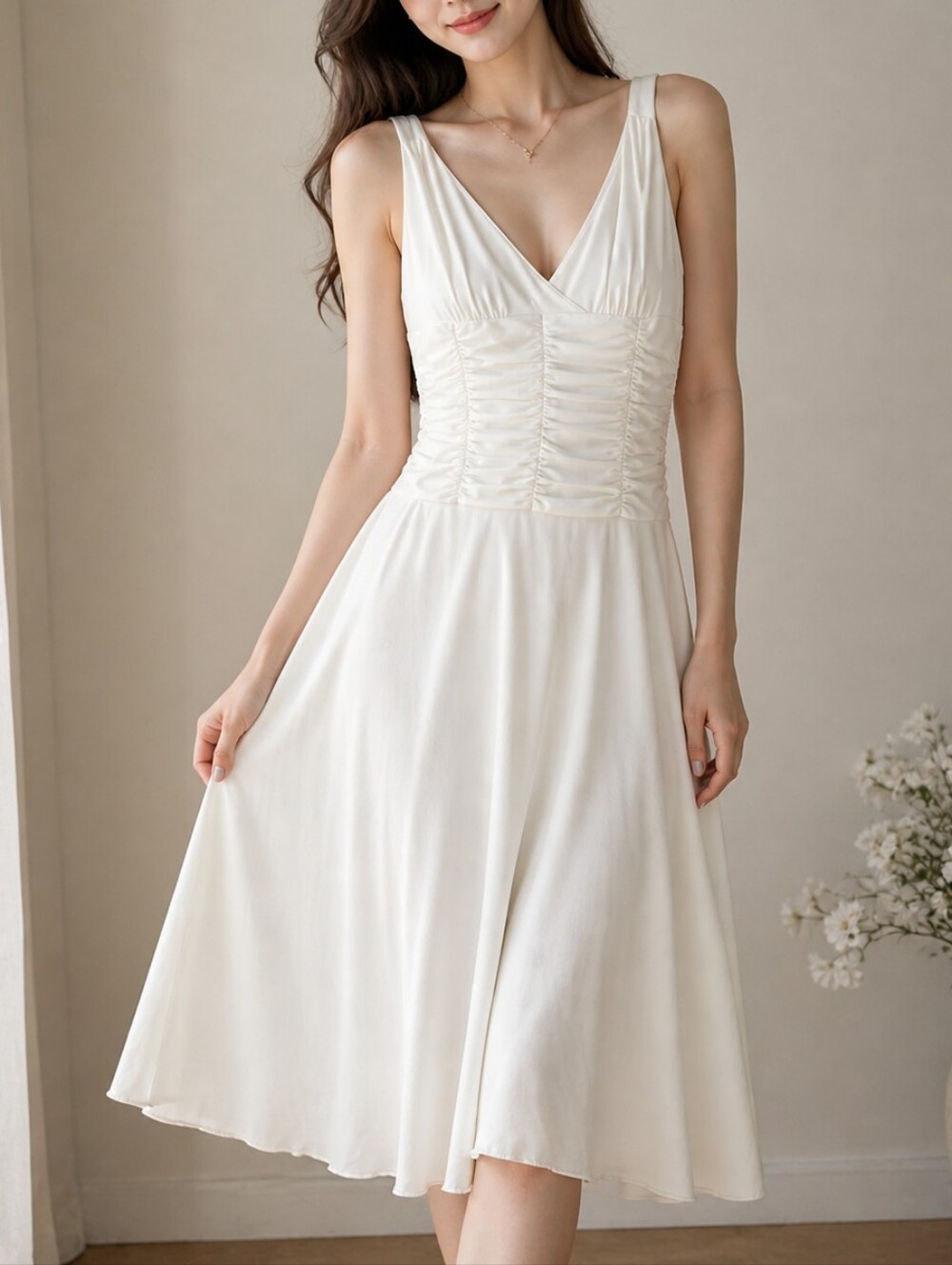 Speechless Cream V-Neck Ruched Waist Midi Dress